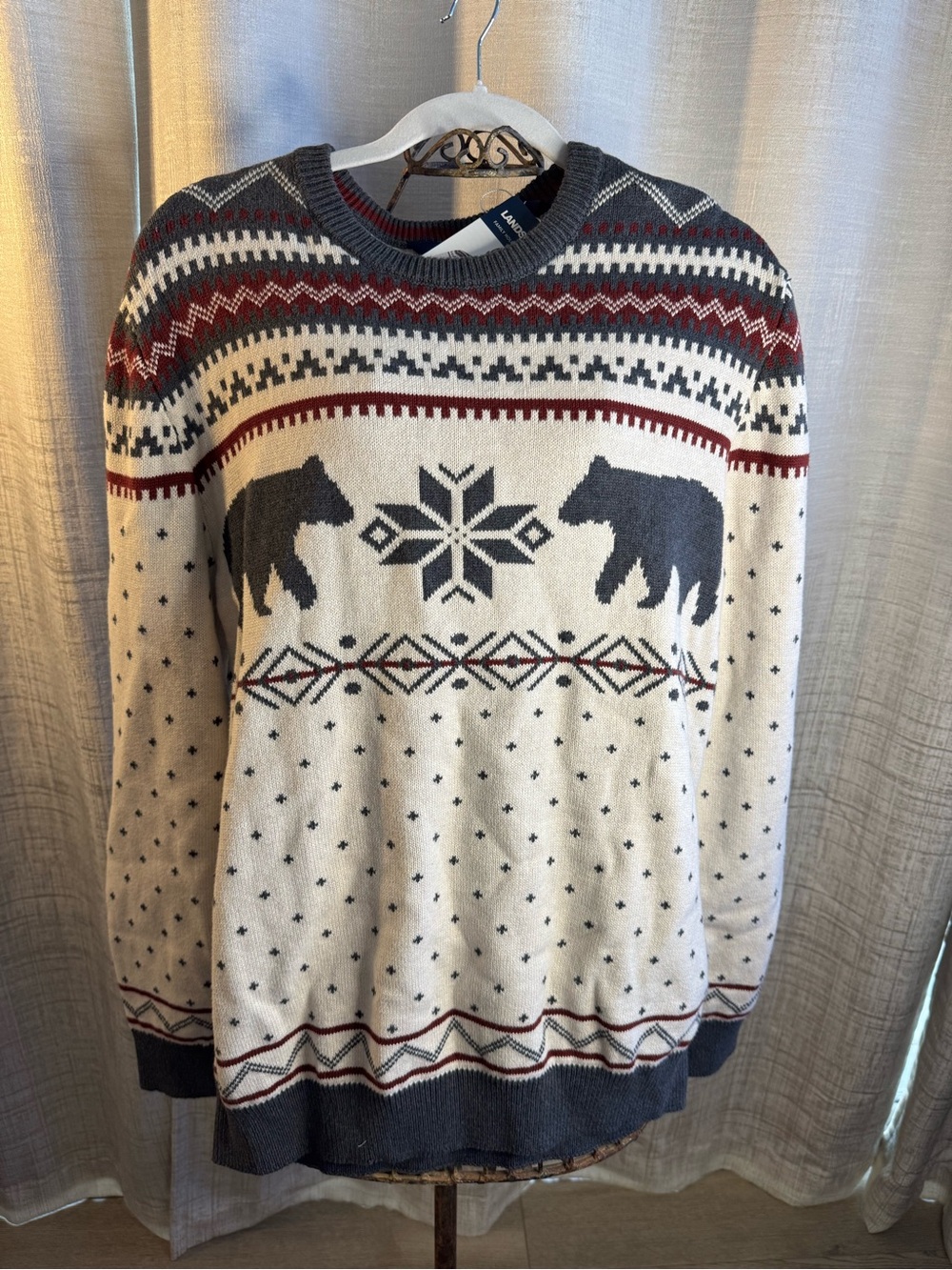 Lands’ End Family Holiday Sweater Bear Fair Isle Knit Crewneck Size Large NWT